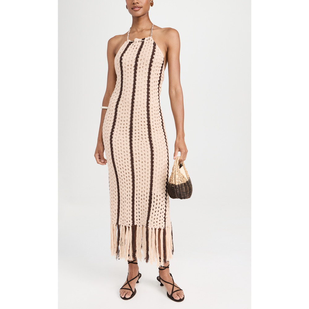 Moon River 'Halter' Tan Fringe Halter Neck Sleeveless Midi Dress Size S